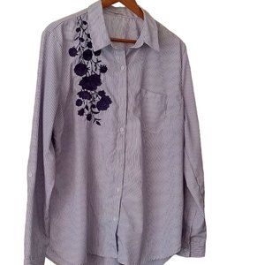 EUC | Charlotte Russe | Blue pinstripe | Longsleeve blouse | Roses | Size: XL